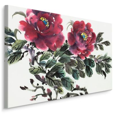 CANVAS Leinwandbild XXL Wandbilder Blumen Pfingstrosen Blätter grün 388