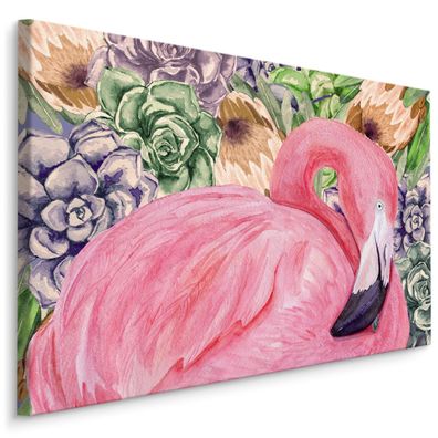 CANVAS Leinwandbild XXL Wandbilder Vogel pink Flamingo Blumen Natur 914