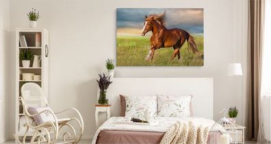 CANVAS Leinwandbild XXL Wandbilder Schlafzimmer Pferd Grün Gras Wolken 475