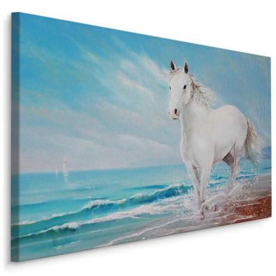 CANVAS Leinwandbild XXL Wandbilder Esszimmer Weißes Pferd Meer STRAND 3D 486