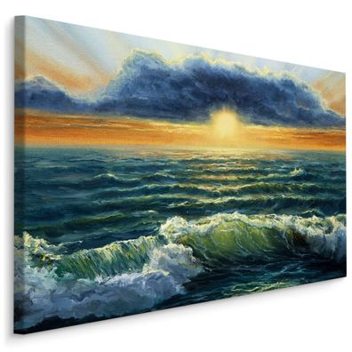 CANVAS Leinwandbild XXL Wandbilder Esszimmer Meer Wellen Wolken Sonne 648