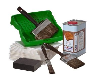 Holzpflegeset für Außen 1l HABiol UV Holzpflegeöl, Pinselset, Farbwanne und Ölsa