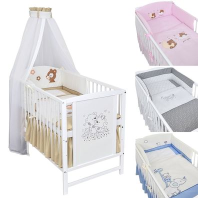 Babybett Kinderbett Bärchen Weiß 120x60 Bettset mit Stickerei