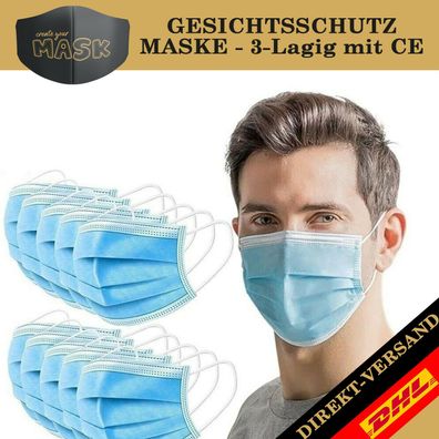 Mundschutz-Maske mit CE Zertifikat | 3-Lagig | Einweg | Mund-Nasen-Schutz