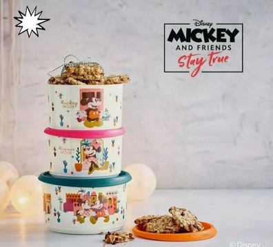 Tupperware Disney Set (3) Mickey and Friends Keks Schüsseln Dosen Trockenvorrat Neu