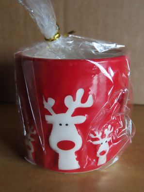 Teelichthalter aus Keramik klein rund rot weiß mit Elch u. Schneeflocke (verpackt)