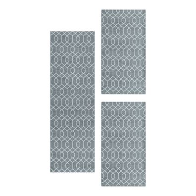 Schlafzimmer Kurzflor Teppich Set Läufer Set Zopf Design Linien 3 Teile Grau