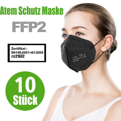 10x Atemschutzmaske Schwarz FFP2 Nasen Schutz CE Zertifiziert Mundschutz DE