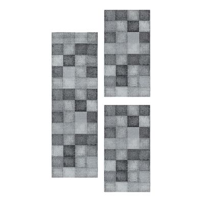 Kurzflor Teppich Bettset Quadrat Pixel Muster Läuferset 3 Teile Weich Grau