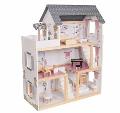 Coemo Puppenhaus Lara Puppenstube komplett möbliert Puppen 3 Etagen Miniaturhaus