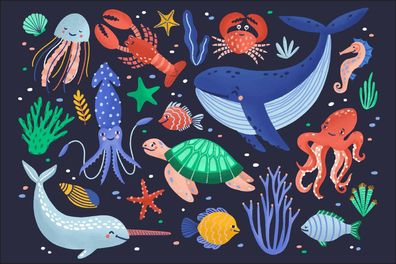 Muralo VLIES Fototapeten XXL Kinderzimmer Ozean Fische Wal 1198