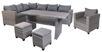 Luxus Ecklounge Gartenmöbel Rattan Set Eck Sofa Lounge Grau + 2 Hocker + Sessel