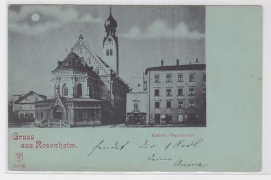 04985 Mondscheinkarte Gruß aus Rosenheim katholische Pfarrkirche 1899