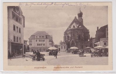 08819 AK Rosenheim - Stadtpfarrkirche und Postamt davor Händler 1917