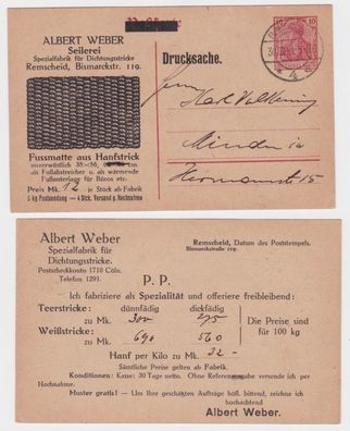 24517 DR Ganzsachen Postkarte P107 Zudruck Albert Weber Seilerei Remscheid 1921
