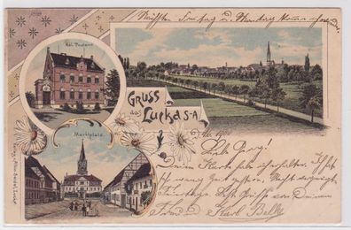 32557 Ak Lithographie Gruß aus Lucka S.-A. Postamt usw. 1900