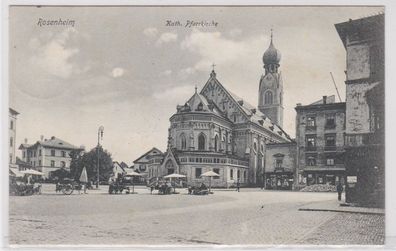 40203 AK Rosenheim - Katholische Pfarrkirche davor Händler 1909