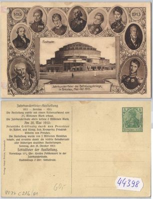44398 DR Ganzsachen Postkarte PP27/ C216/1 Breslau Jahrhundertfeier 1813-1913