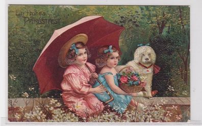 60557 Glückwunsch AK Ein frohes Pfingstfest - Mädchen unter Schirm mit Hund 1900