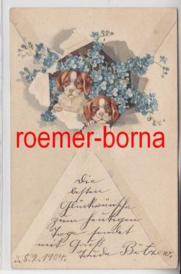 67167 geprägte Künstler-Ak Glückwunsch mit Vergißmeinnicht und 2 Hundebabys 1904