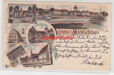 68421 Ak Lithographie Gruß aus Mühlberg Post, Kirchstraße, Markt usw. 1903