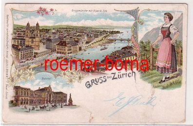 68996 Ak Lithografie Gruss aus Zürich Bahnhof, Grossmünster, Tracht, 1898