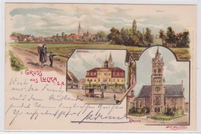 73157 Ak Lithographie Gruß aus Lucka S.-A. Rathaus, Kirche usw. 1903
