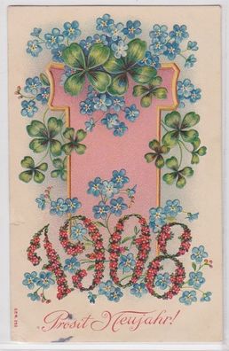 73264 Glückwunsch AK Prosit Neujahr 1908, vierblättrige Kleeblätter & Blumen