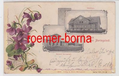 77683 Mehrbild Ak mit Veilchen Gruss aus Beringstedt Bahnhof, Schulhaus 1902