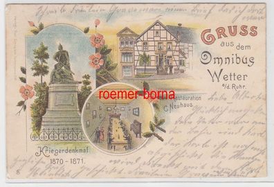 78285 Ak Lithographie Gruss aus dem Omnibus Wetter a.d. Ruhr Restauration 1900