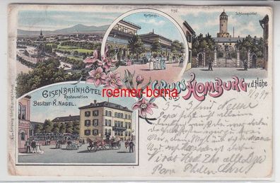 78297 Ak Lithographie Gruss aus Homburg v.d. Höhe Eisenbahnhotel usw. 1897