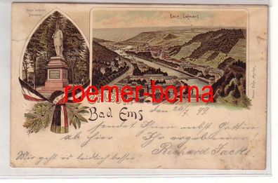 78536 Ak Lithographie Gruss aus Bad Ems Lahnauf und Kaiser Wilhelm Denkmal 1899