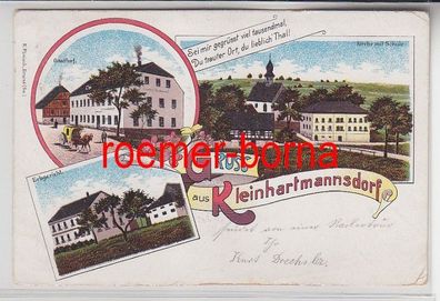 78590 Ak Lithographie Gruss aus Kleinhartmannsdorf Gasthof, Erbgericht, Schule