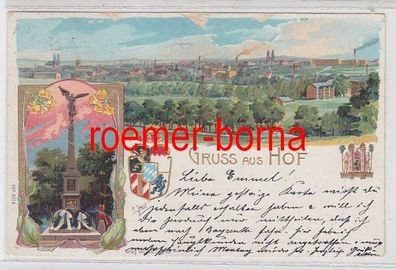 78955 Präge Ak Lithographie Gruss aus Hof Denkmal und Totalansicht um 1900