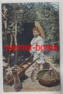 78962 Fröhliche Ostern Ak Kind mit Schubkarre mit Hasen um 1910