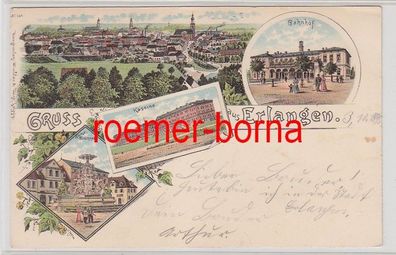 79319 Ak Lithographie Gruss aus Erlangen Kaserne, Bahnhof usw. um 1900