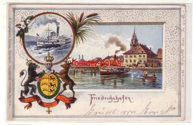 79339 Ak mit Wappen Friedrichshafen mit Dampfschiff König Karl 1900
