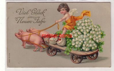 79352 Ak Viel Glück im Neuen Jahr Schweine-Gespann mit Geld und Glücksklee 1905