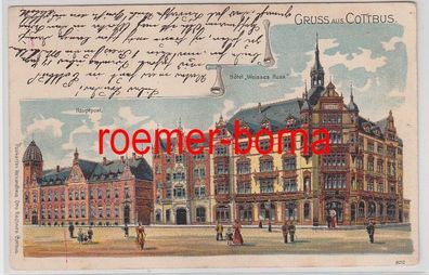 79406 Ak Lithografie Gruss aus Cottbus Hotel 'Weisses Ross' und Hauptpost 1904