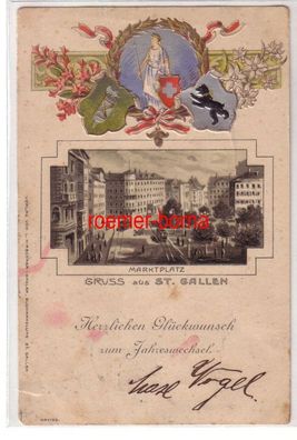 79437 geprägte Ak mit Wappen Neujahr Gruss aus St. Gallen Marktplatz 1899