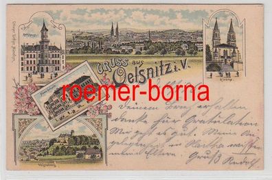 79448 Ak Lithographie Gruss aus Oelsnitz im Vogtland Schule, Rathaus usw. 1896