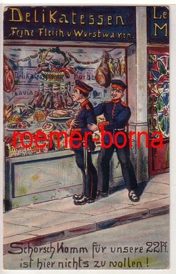 79815 Künstler Ak Militär Humor Soldaten vor Delikatessengeschäft 1912