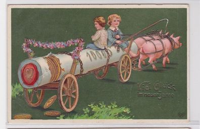 81091 Frohes neues Jahr Präge Ak 2 Kinder mit Schweinefuhrwerk 1912