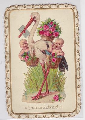 81501 Glückwunsch AK Herzlichen Glückwunsch Storch bringt Babys im Korb