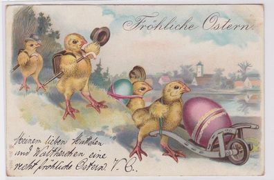 82145 Glückwunsch AK Fröhliche Ostern - Küken mit Hüten schieben Eierkarren 1900