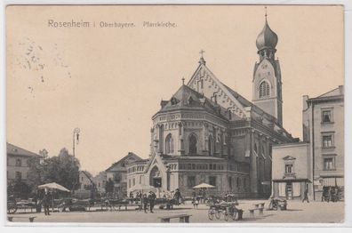 84853 AK Rosenheim in Oberbayern - Pfarrkirche davor Händler 1911