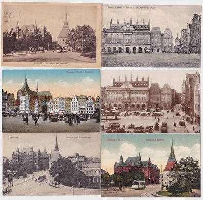 86057/6 Ak Rostock Markt, Marienkirche, Rathaus, Steintor usw. um 1910
