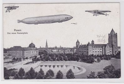 86308 AK Posen - Die neue Kaiserpfalz darüber Flieger und Zeppelin um 1910