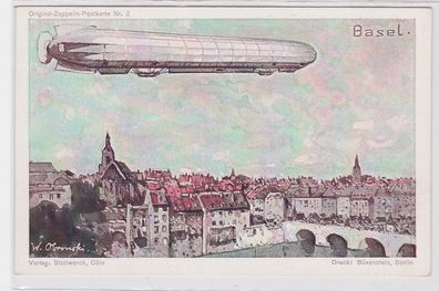 86792 Original Zeppelin Postkarte Nr.2 Zeppelin über Basel um 1920