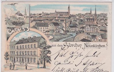 87810 Ak Lithographie Gruss aus dem Gasthof Storchen Neunkirchen 1903